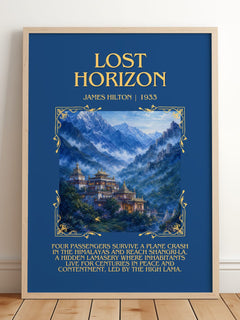 Lost Horizon Minimalist Book Poster by James Hilton – framed print leaning on a wooden floor