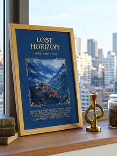 Lost Horizon Minimalist Book Poster by James Hilton – framed print on a city-view windowsill