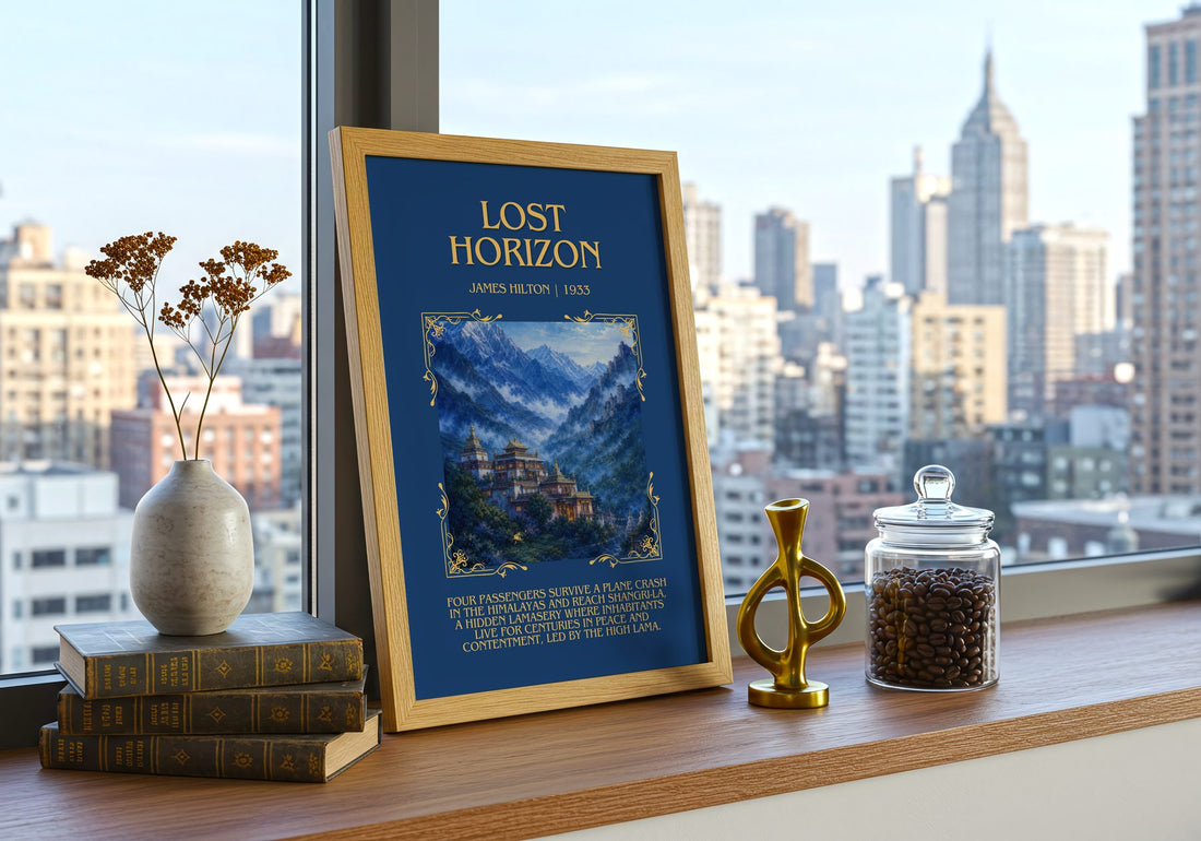 Lost Horizon Minimalist Book Poster by James Hilton – framed print on a city-view windowsill