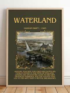 Waterland Minimalist Book Poster by Graham Swift – framed print leaning on a wooden floor