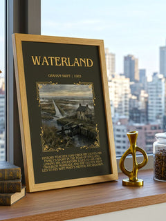 Waterland Minimalist Book Poster by Graham Swift – framed print on a city-view windowsill