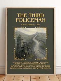 The Third Policeman Minimalist Book Poster by Flann O'Brien – framed print leaning on a wooden floor