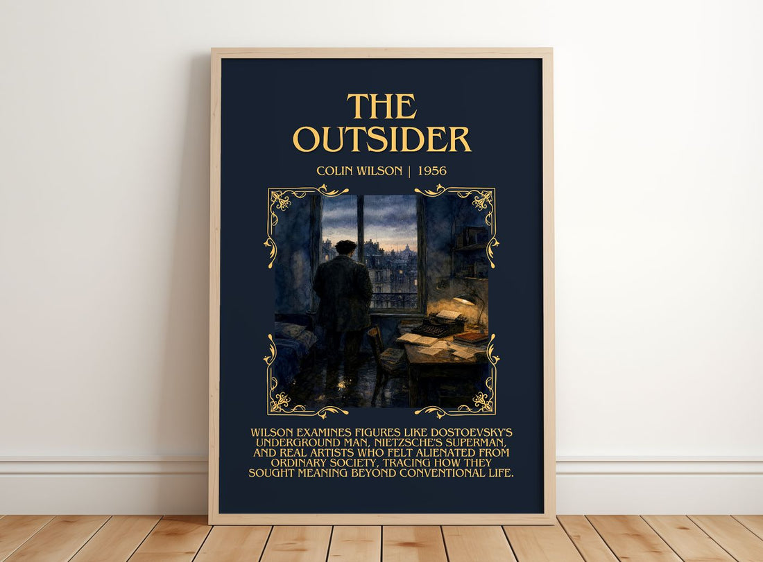 The Outsider Minimalist Book Poster by Colin Wilson – framed print leaning on a wooden floor