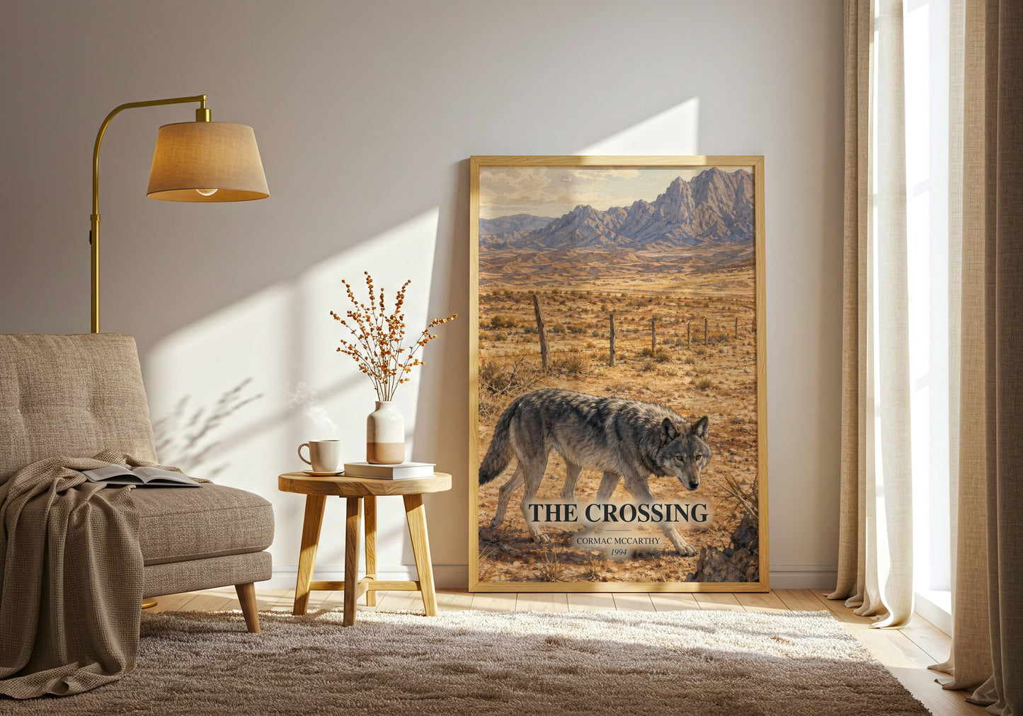The Crossing watercolour print in frame leaning in hallway – literary fiction wall art
