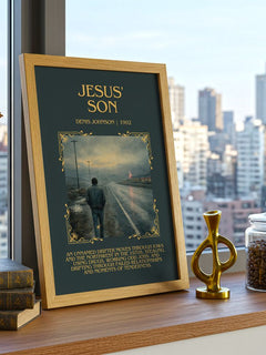 Jesus' Son Minimalist Book Poster by Denis Johnson – framed print on a city-view windowsill