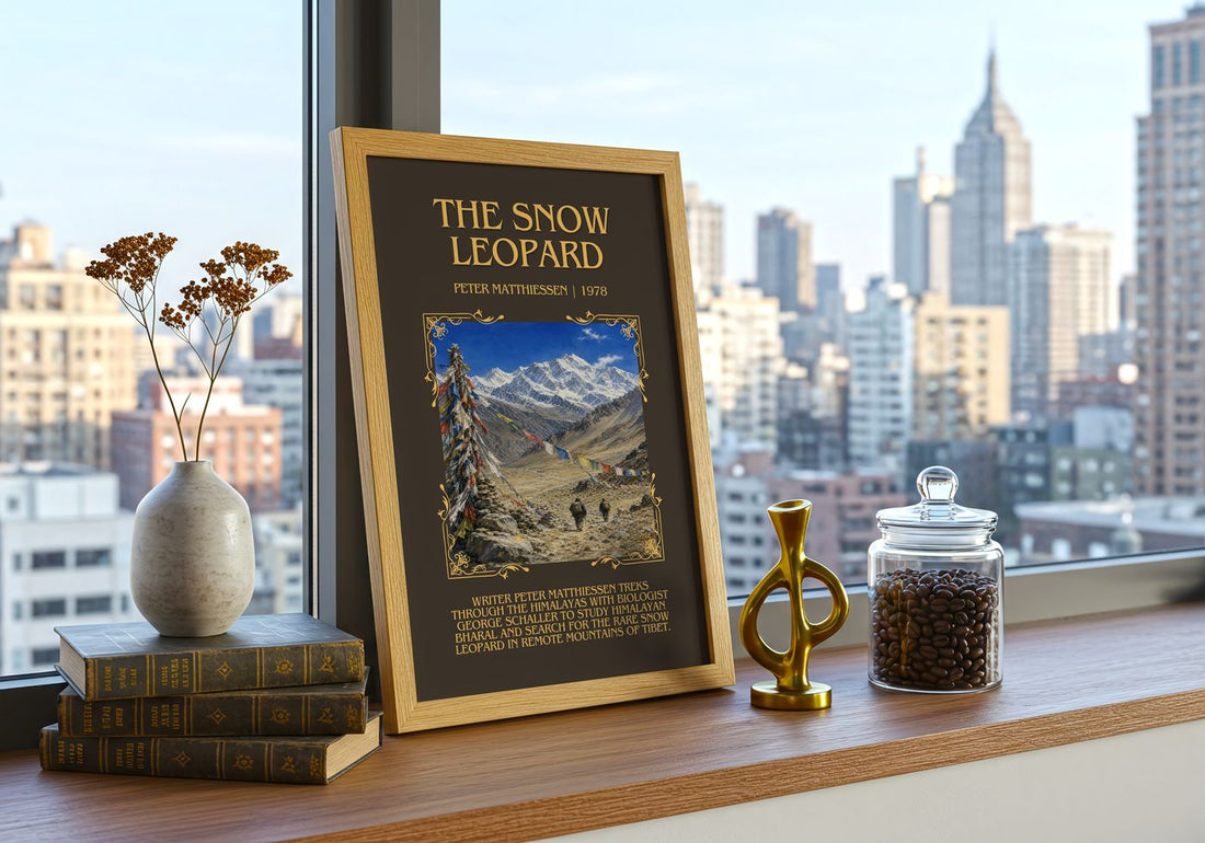The Snow Leopard Minimalist Book Poster by Peter Matthiessen – framed print on a city-view windowsill