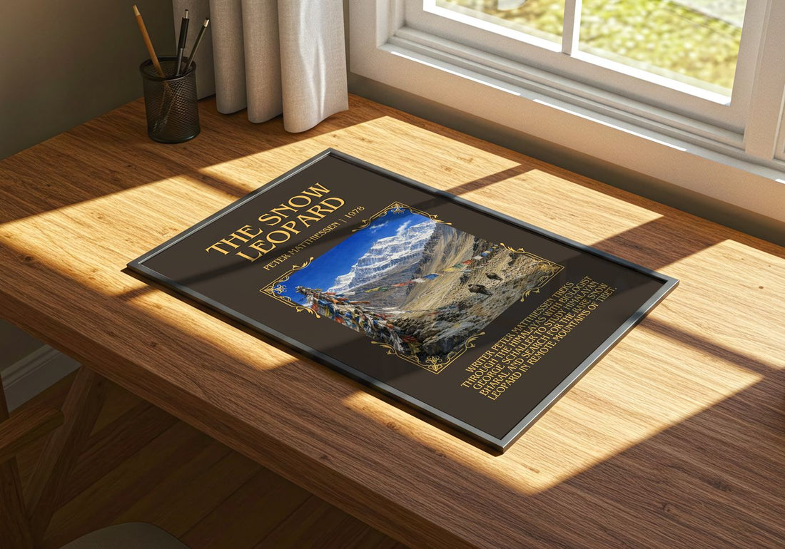 The Snow Leopard Minimalist Book Poster by Peter Matthiessen – print on a sunlit desk