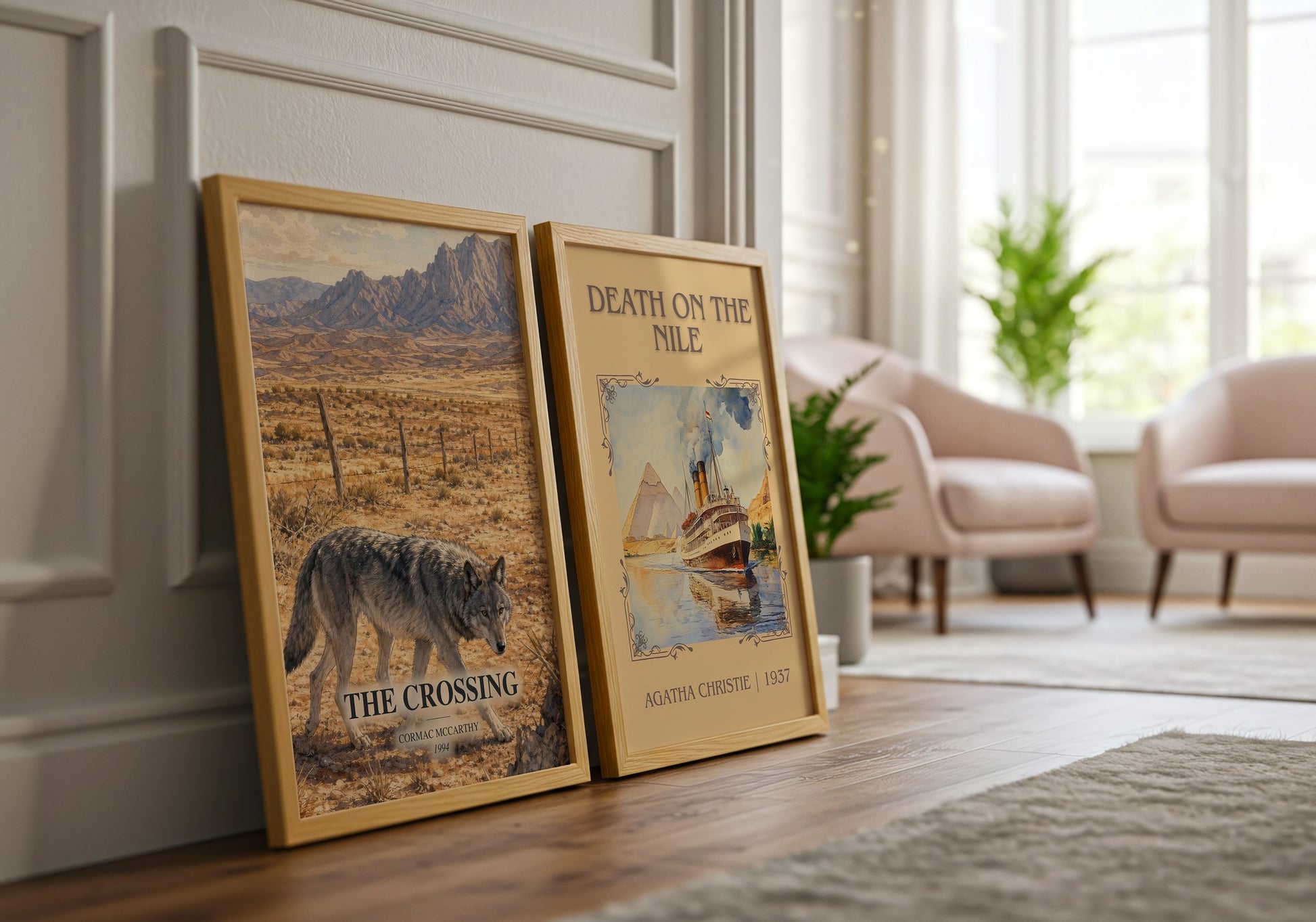The Crossing watercolour print framed by window – literary home decor