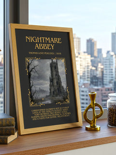 Nightmare Abbey Minimalist Book Poster by Thomas Love Peacock – framed print on a city-view windowsill