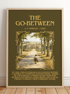 The Go-Between Minimalist Book Poster by L. P. Hartley – framed print leaning on a wooden floor