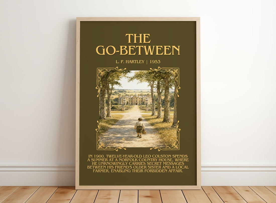 The Go-Between Minimalist Book Poster by L. P. Hartley – framed print leaning on a wooden floor