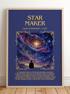 Star Maker Minimalist Book Poster by Olaf Stapledon – framed print leaning on a wooden floor
