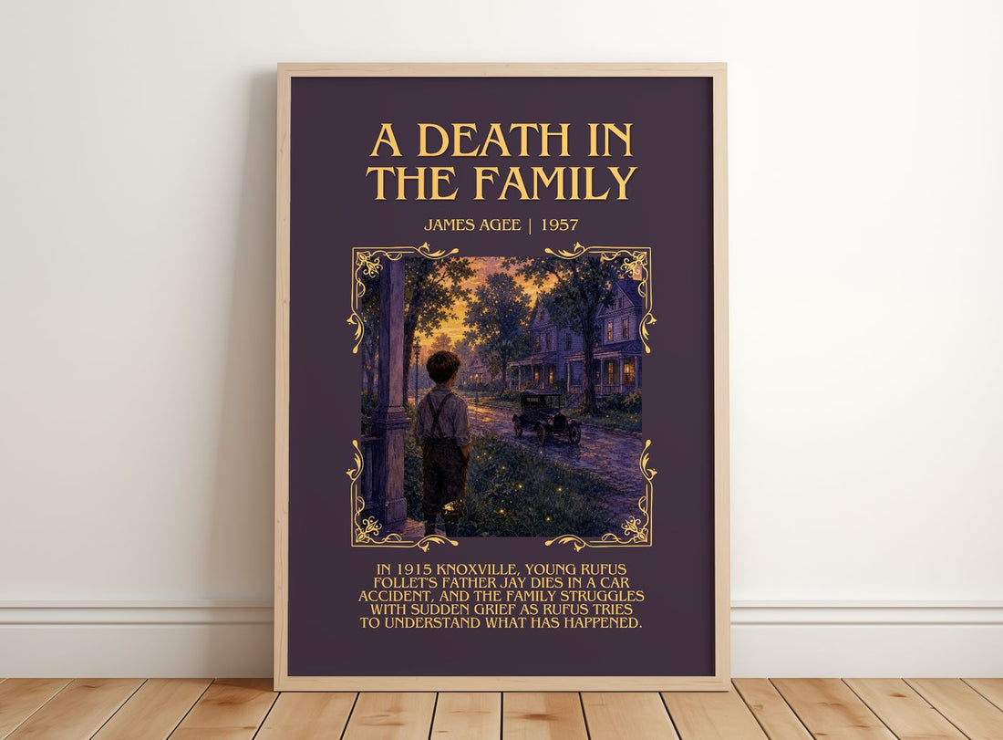 A Death in the Family Minimalist Book Poster by James Agee – framed print leaning on a wooden floor