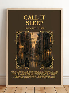 Call It Sleep Minimalist Book Poster by Henry Roth – framed print leaning on a wooden floor