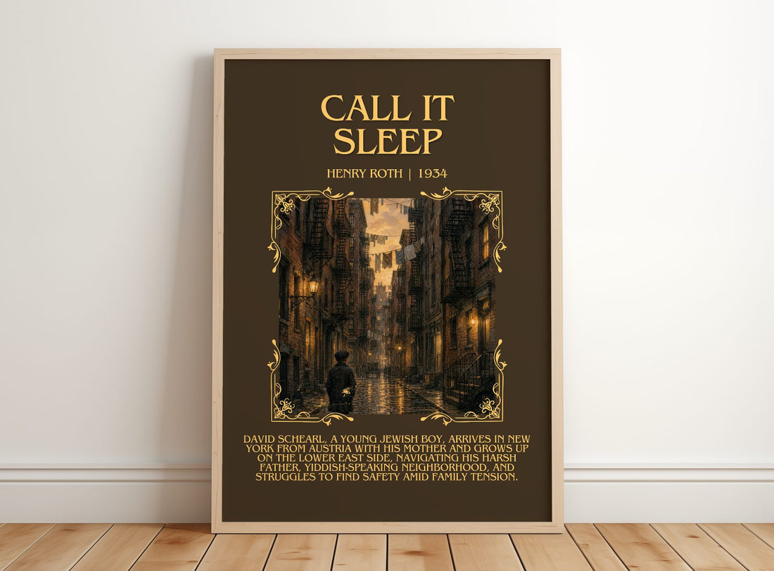 Call It Sleep Minimalist Book Poster by Henry Roth – framed print leaning on a wooden floor