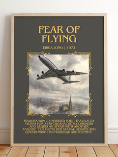 Fear of Flying Minimalist Book Poster by Erica Jong – framed print leaning on a wooden floor