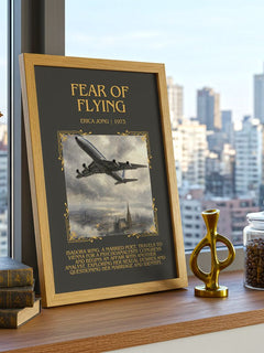 Fear of Flying Minimalist Book Poster by Erica Jong – framed print on a city-view windowsill