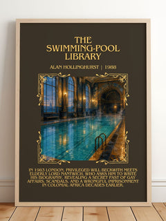 The Swimming-Pool Library Minimalist Book Poster by Alan Hollinghurst – framed print leaning on a wooden floor