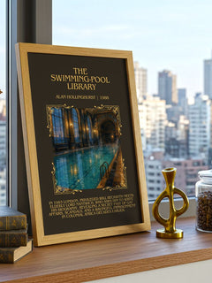 The Swimming-Pool Library Minimalist Book Poster by Alan Hollinghurst – framed print on a city-view windowsill