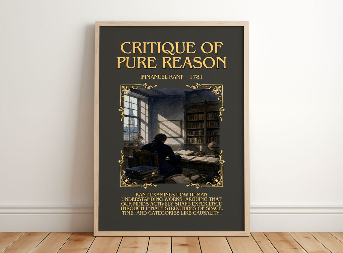 Critique of Pure Reason Minimalist Book Poster by Immanuel Kant – framed print leaning on a wooden floor