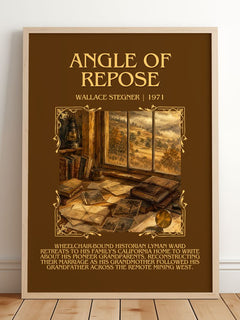 Angle of Repose Minimalist Book Poster by Wallace Stegner – framed print leaning on a wooden floor