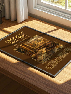 Angle of Repose Minimalist Book Poster by Wallace Stegner – print on a sunlit desk