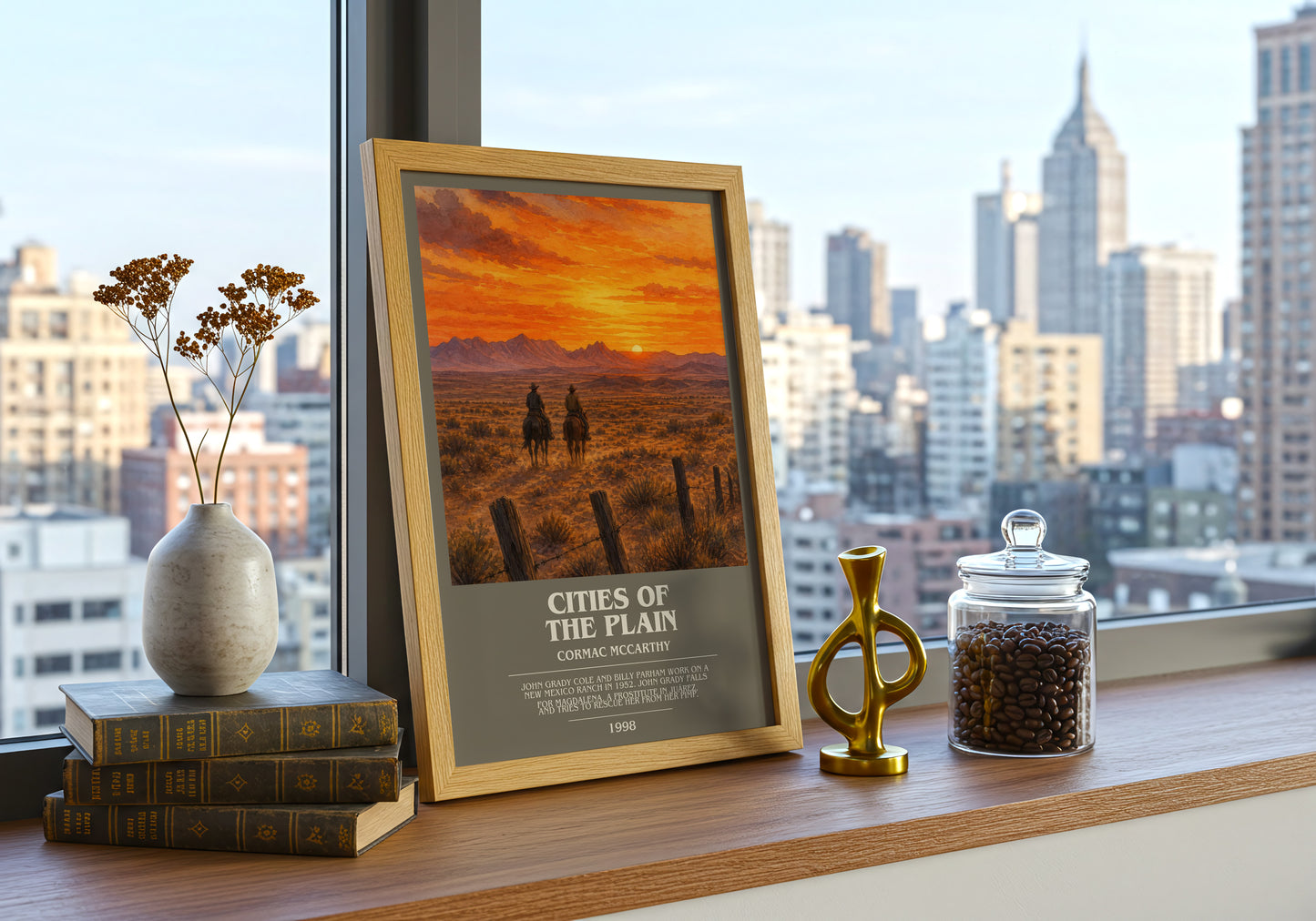 Cities Of The Plain bookish print framed by window – literary home decor