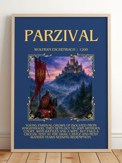 Parzival Minimalist Book Poster by Wolfram Eschenbach – framed print leaning on a wooden floor