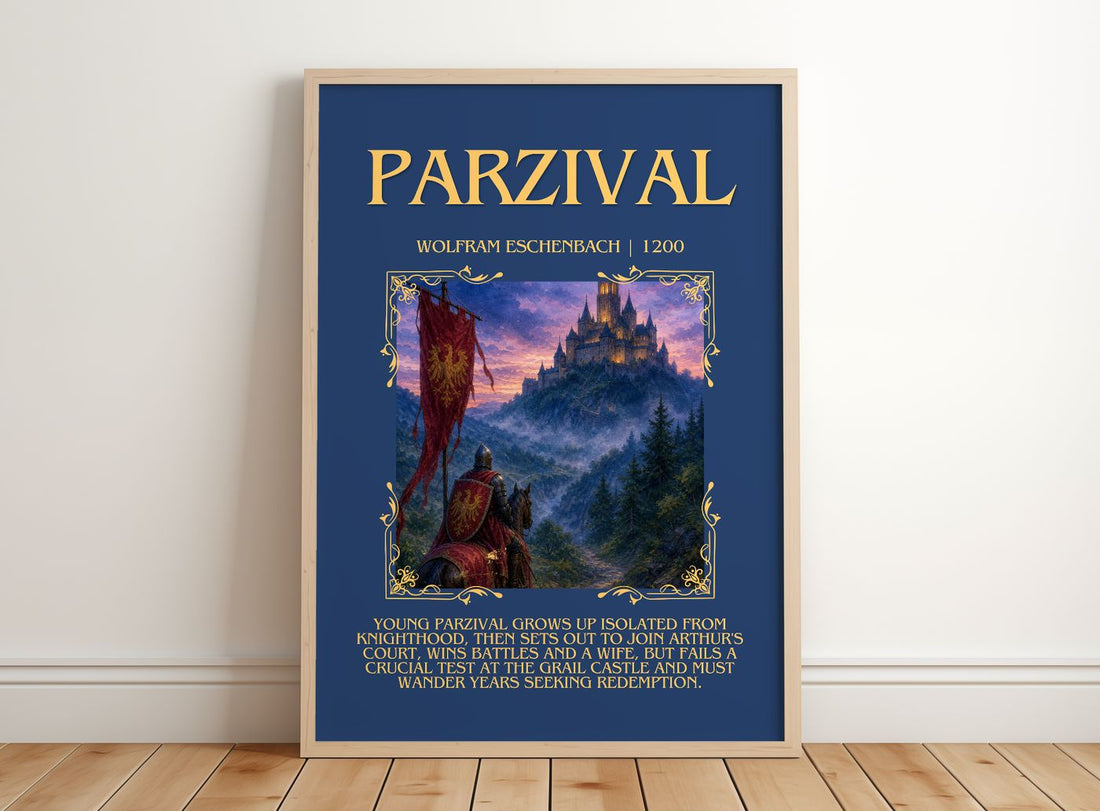 Parzival Minimalist Book Poster by Wolfram Eschenbach – framed print leaning on a wooden floor
