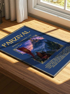 Parzival Minimalist Book Poster by Wolfram Eschenbach – print on a sunlit desk