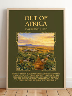Out of Africa Minimalist Book Poster by Isak Dinesen – framed print leaning on a wooden floor
