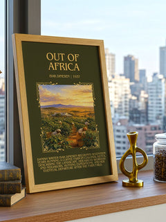 Out of Africa Minimalist Book Poster by Isak Dinesen – framed print on a city-view windowsill