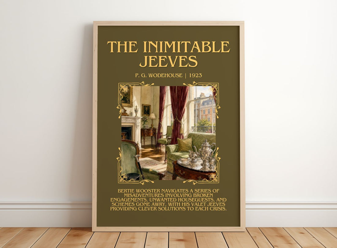 The Inimitable Jeeves Minimalist Book Poster by P. G. Wodehouse – framed print leaning on a wooden floor