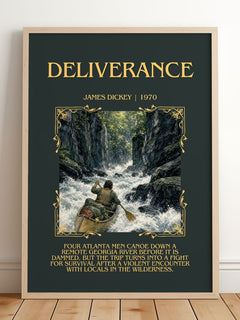 Deliverance Minimalist Book Poster by James Dickey – framed print leaning on a wooden floor