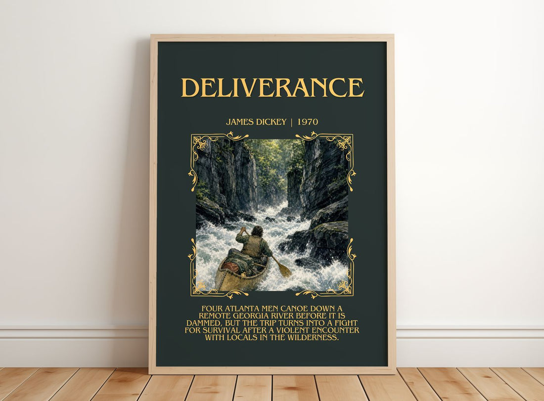 Deliverance Minimalist Book Poster by James Dickey – framed print leaning on a wooden floor