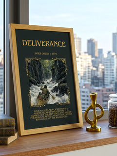 Deliverance Minimalist Book Poster by James Dickey – framed print on a city-view windowsill