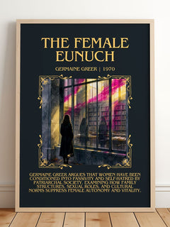 The Female Eunuch Minimalist Book Poster by Germaine Greer – framed print leaning on a wooden floor