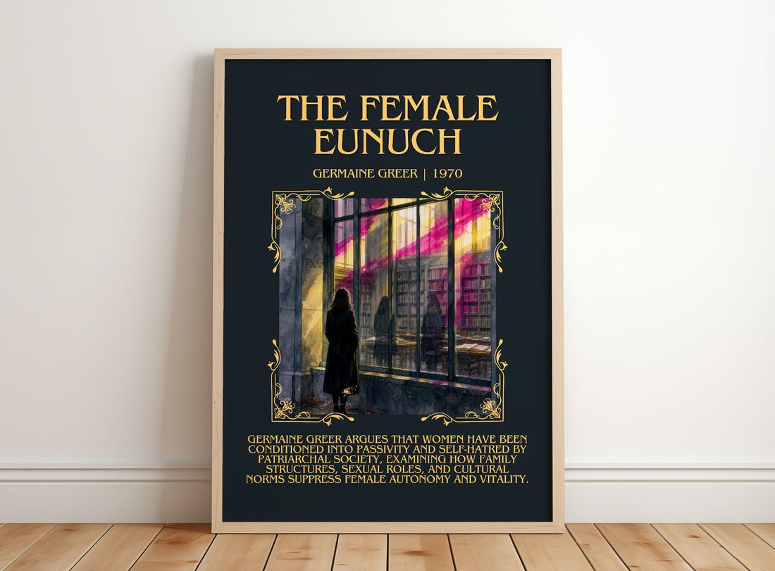 The Female Eunuch Minimalist Book Poster by Germaine Greer – framed print leaning on a wooden floor