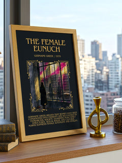 The Female Eunuch Minimalist Book Poster by Germaine Greer – framed print on a city-view windowsill