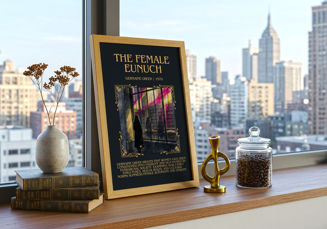 The Female Eunuch Minimalist Book Poster by Germaine Greer – framed print on a city-view windowsill