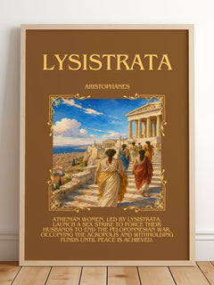 Lysistrata Minimalist Book Poster by Aristophanes – framed print leaning on a wooden floor