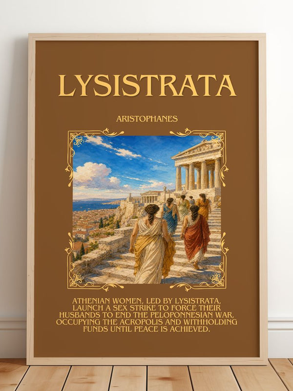 Lysistrata Minimalist Book Poster by Aristophanes – framed print leaning on a wooden floor