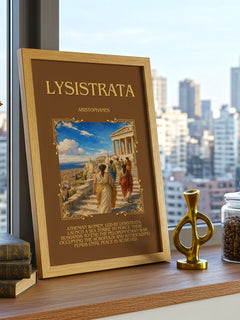 Lysistrata Minimalist Book Poster by Aristophanes – framed print on a city-view windowsill