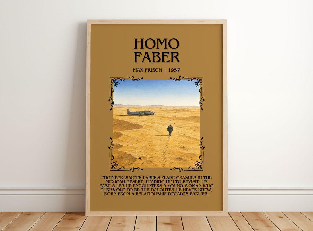 Homo Faber Minimalist Book Poster by Max Frisch – framed print leaning on a wooden floor