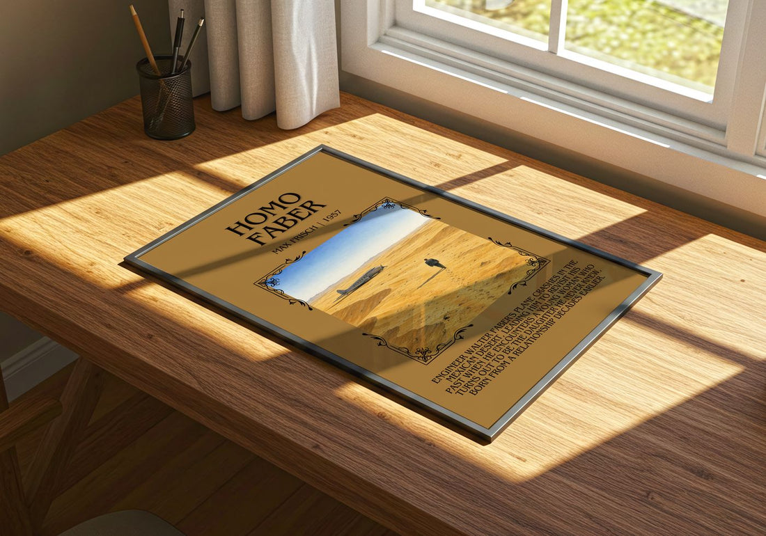 Homo Faber Minimalist Book Poster by Max Frisch – print on a sunlit desk