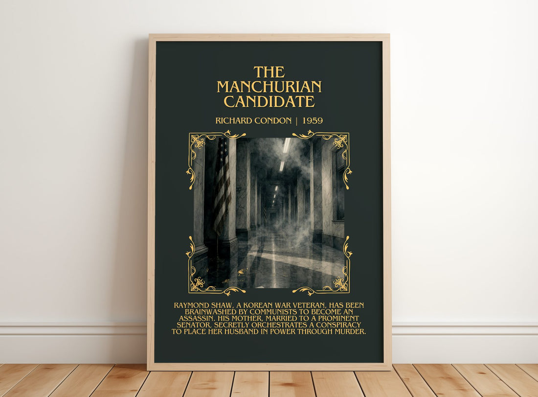 The Manchurian Candidate Minimalist Book Poster by Richard Condon – framed print leaning on a wooden floor