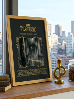 The Manchurian Candidate Minimalist Book Poster by Richard Condon – framed print on a city-view windowsill