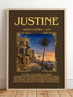 Justine Minimalist Book Poster by Lawrence Durrell – framed print leaning on a wooden floor