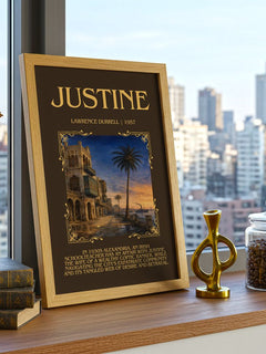 Justine Minimalist Book Poster by Lawrence Durrell – framed print on a city-view windowsill