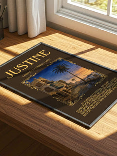 Justine Minimalist Book Poster by Lawrence Durrell – print on a sunlit desk